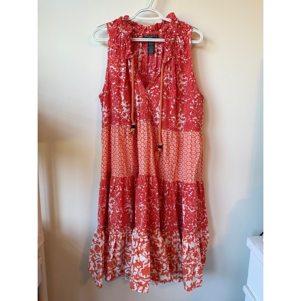 Chelsea & Theodore Red Orange Floral Cotton Tiered Midi Dress Plus Size 1X Boho